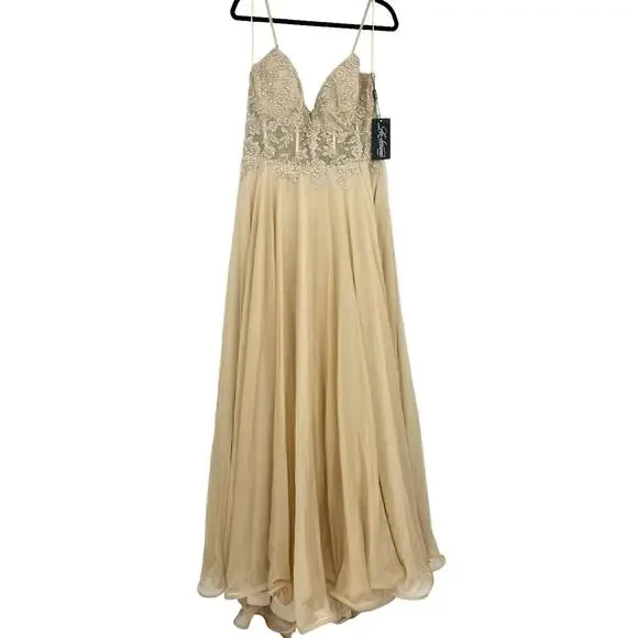 La Femme Nude Floral Appliqué Chiffon Evening Gown Maxi Dress Size 14 NWT